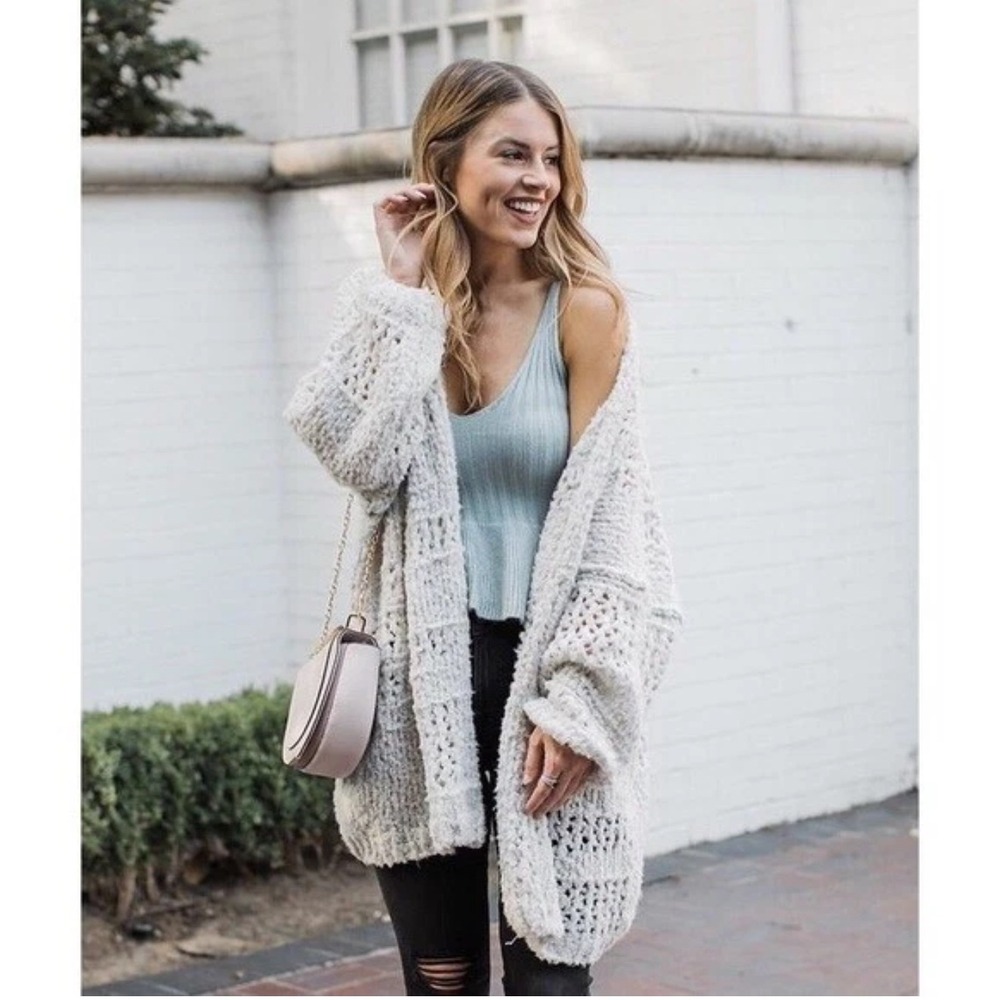 Free People Dreamy Chunky Knit Open Front Cardigan Cream Speckled Cozy Oversized
